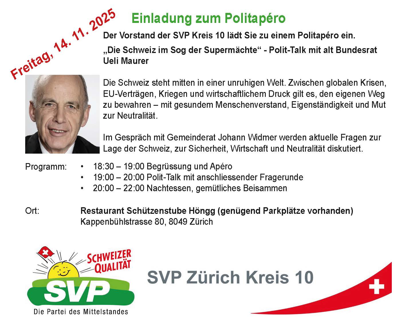 Polit Apéro mit alt Bundesrat Ueli Maurer